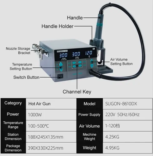SUGON 8610DX 1000W Hot Air Rework Station With LED Display 5 Nozzle