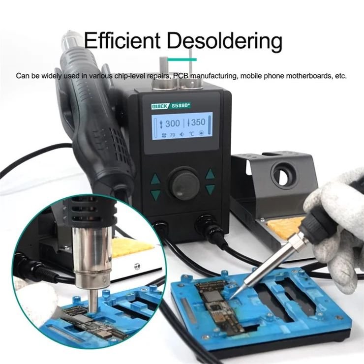 QUICK 8586D+ 800W Intelligent Encoder Step-Less Speed Regulation Hot Air Gun Soldering Station