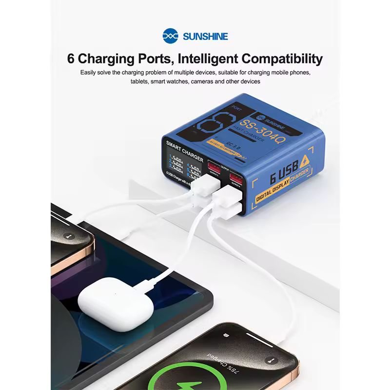 Sunshine SS-304Q USB Smart Lightning Charger Digital Display 6 Port 2.4A Fast Charging