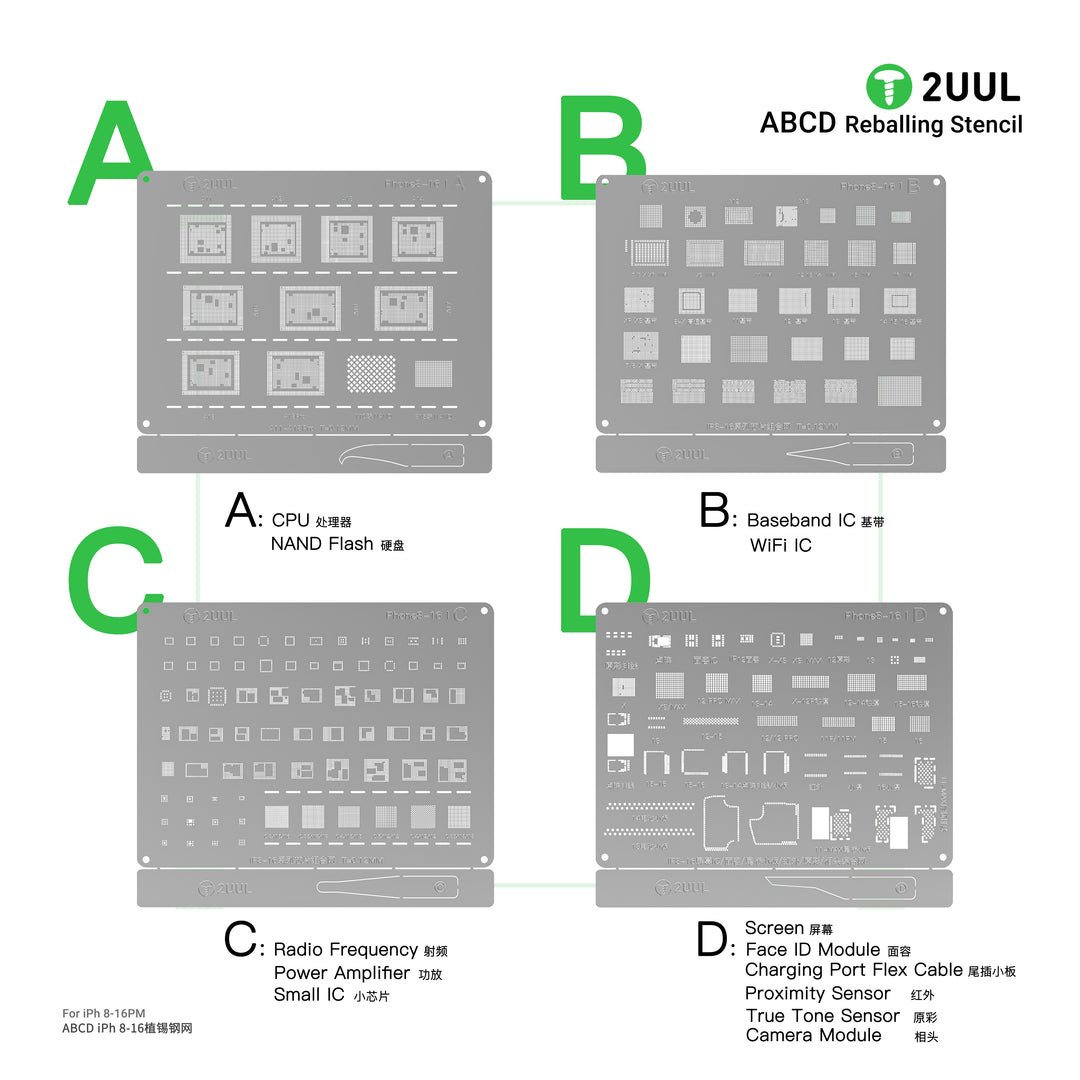 2UUL BG01 ABCD Reballing Stencil for iPh 8-16PM (4pcs/pack)