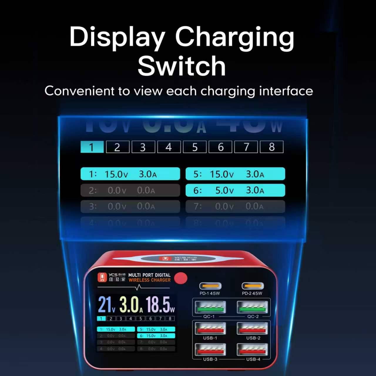 YCS S550 PD+QC 8 PORTS FAST CHARGER WITH LIVE VOLTAGE DISPLAY