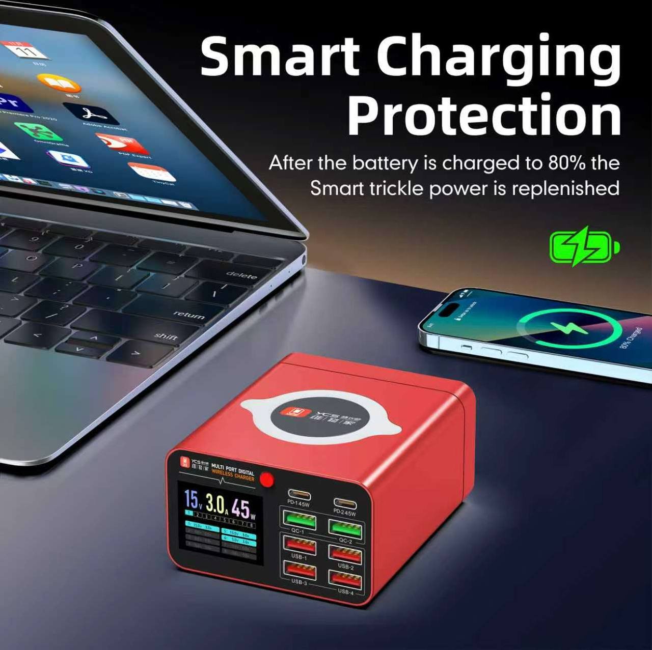 YCS S550 PD+QC 8 PORTS FAST CHARGER WITH LIVE VOLTAGE DISPLAY