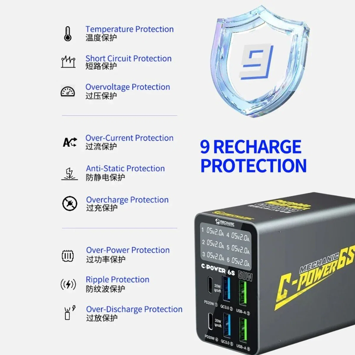 Mechanic 50W C-Power 6S Smart Digital Display 6 Port USB Charger ( PD 3.0 + QC 3.0 )