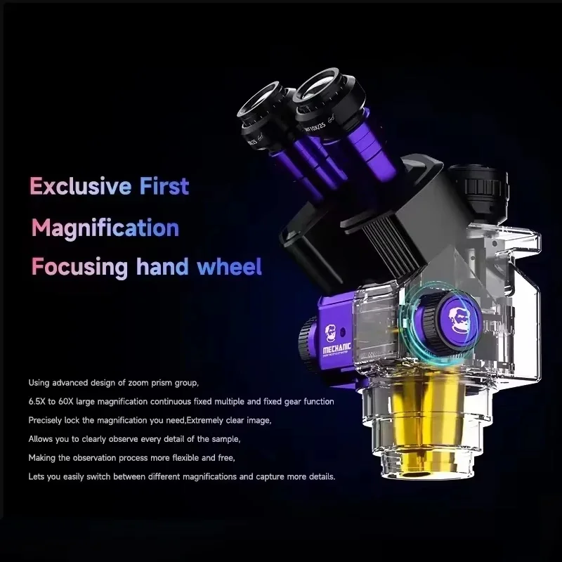 MECHANIC ROBOT 6560T Trinocular Stereo Microscope 6.5X-60X Continuous Zoom WF10X25